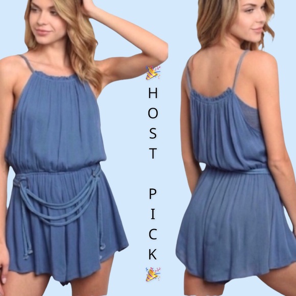 Pants - Indigo Blue Belted Netting Inset Short Romper
